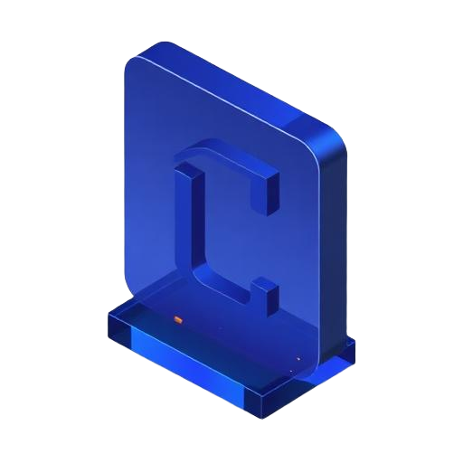 Isometric glass icon of a code window with layered building blocks