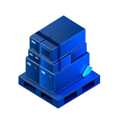 Isometric glass icon of cargo boxes stacked on a pallet