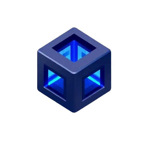 Isometric glass icon of connected ERP modules above a data panel