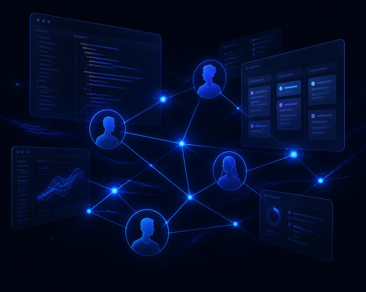 Abstract team network of glass code panels and connected nodes