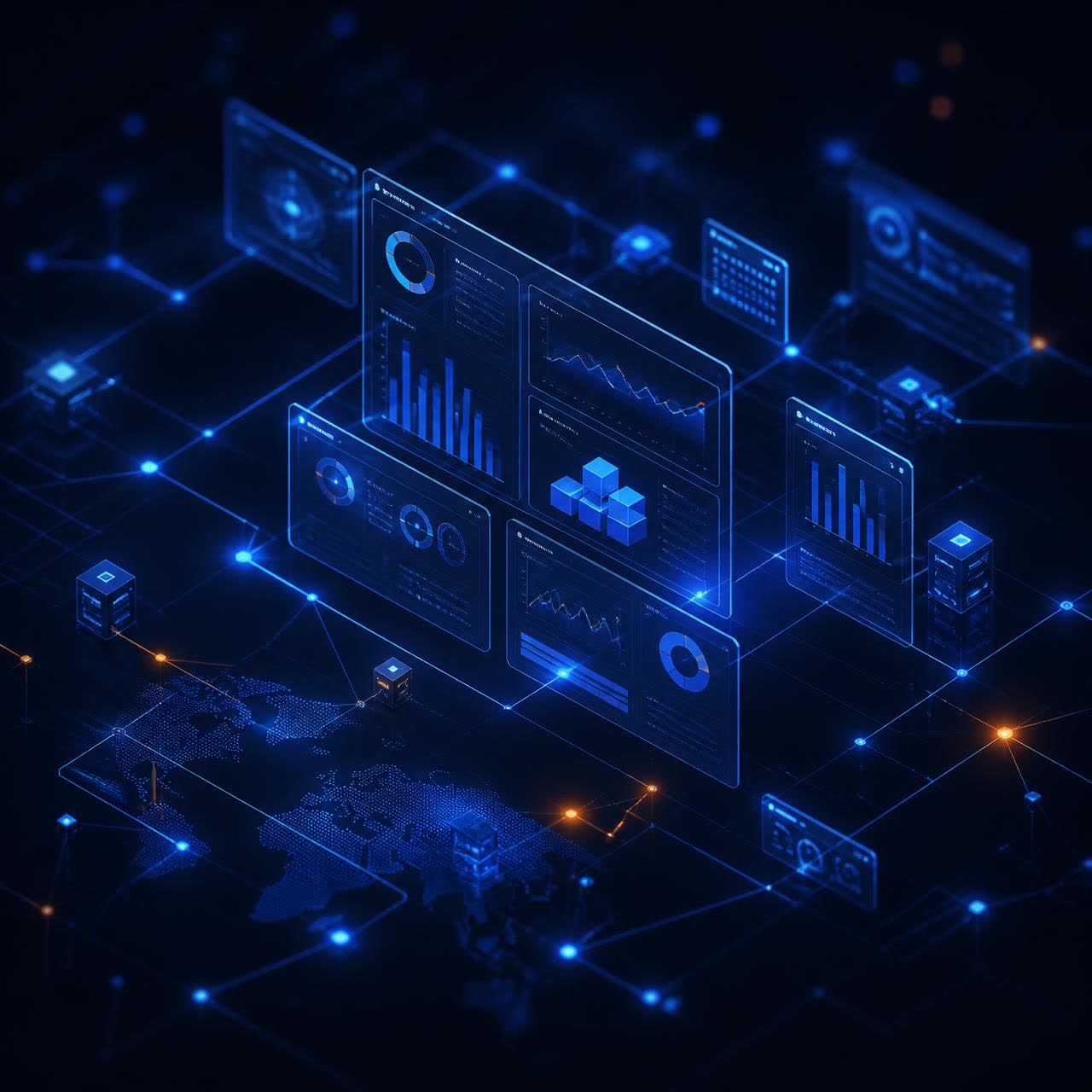 Glowing indigo network of connected delivery nodes across a dark globe
