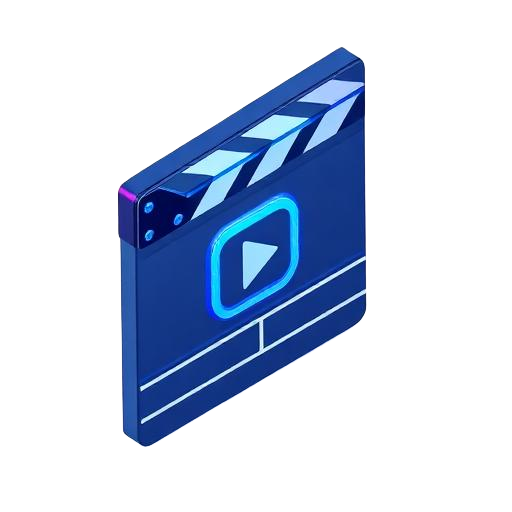 Isometric glass icon of a film clapperboard with a play button