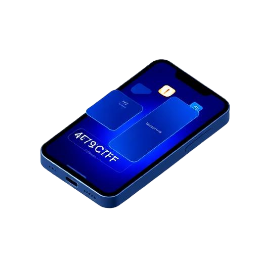 Isometric glass icon of a smartphone with floating app screens