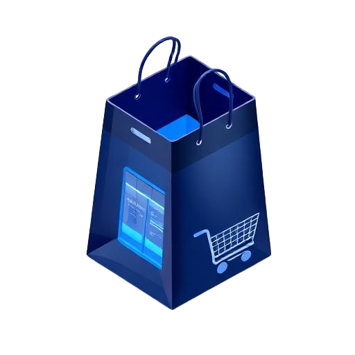 Isometric glass icon of a retail shopping bag with a cart