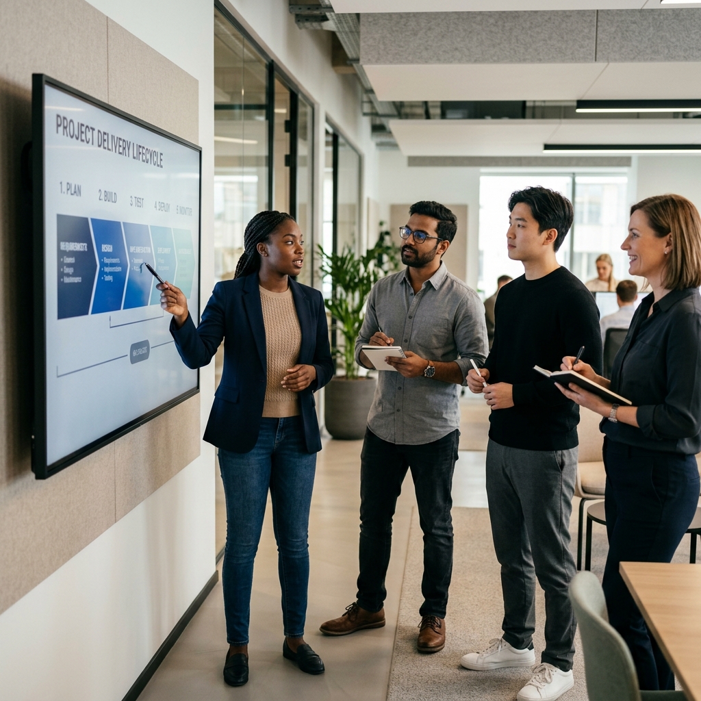 Abstract enterprise dashboard panels connected by a glowing indigo network